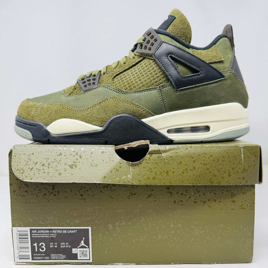 Jordan 4 Retro SE Craft Medium Olive sneaker on original box with slight box lid tear, clean uppers, light sole wear