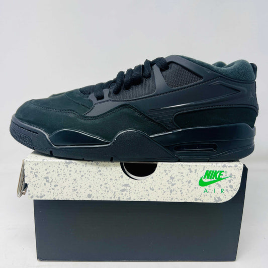 Jordan 4 RM Black Cat sneaker with black leather upper and grey accents on shoe box.