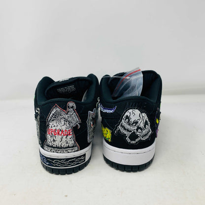 Authentic Nike SB Dunk Low Neckface sneakers, showcasing colorful animal and abstract patches, come in a vibrant green, yellow, and blue Nike SB box on a plain background. All sales final.