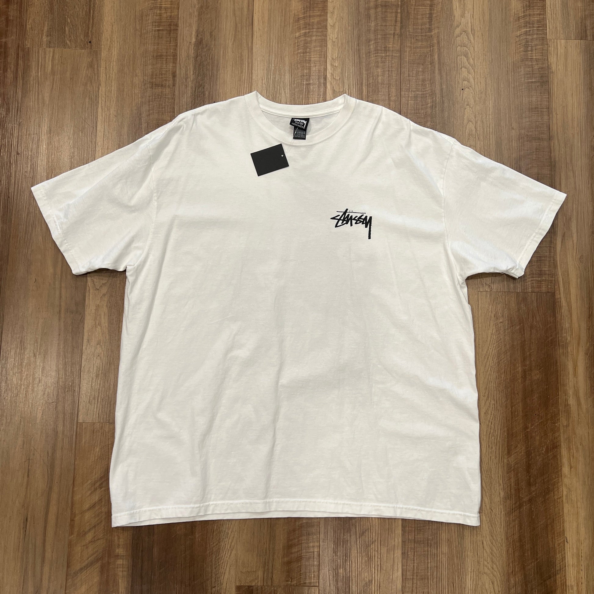 STUSSY CHERRIES TEE WHITE, XL, brand new condition, laid on wooden floor