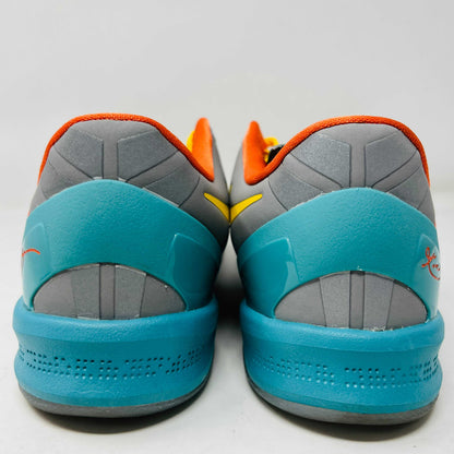 The Nike Kobe 8 Protro Venice Beach (2024) sneakers, featuring vibrant red, blue, yellow, and green brushstroke patterns with clean uppers and yellow laces paired with an orange lining, boast excellent condition at 8.5/10. A distinct logo adorns the gray tongue as they lay side by side on a white background.