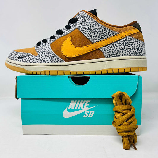 Nike SB Dunk Low Safari sneakers in original box with brown accessories.