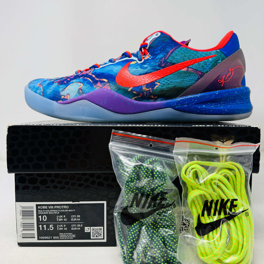 Nike Kobe 8 Protro What The 2025 sneaker with vibrant multicolor design, orange swoosh, extra laces, and box.