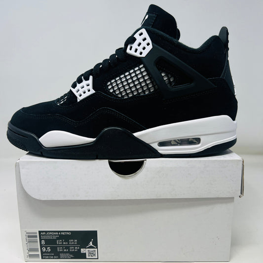 Jordan 4 Retro White Thunder sneakers, lightly worn, 2024 edition.