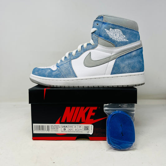 Jordan 1 Retro High Hyper Royal Smoke Grey sneakers with blue laces and box.