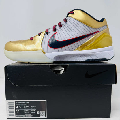Nike Kobe 4 Protro Gold Medal 2024 basketball shoe on black box with gold and white design
