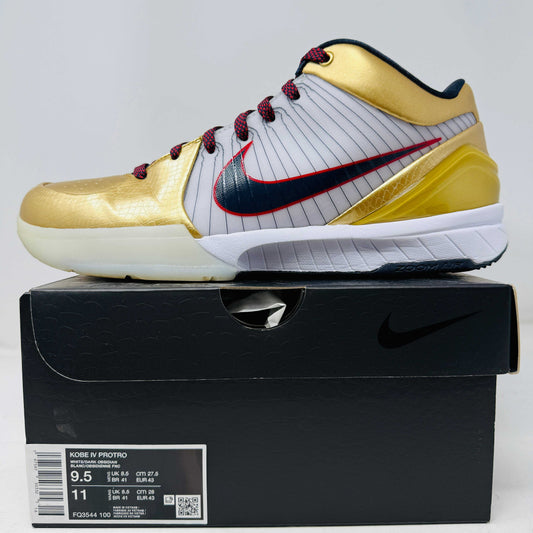 Nike Kobe 4 Protro Gold Medal 2024 basketball shoe on black box with gold and white design