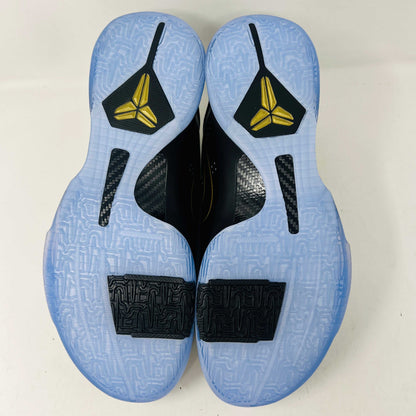 The Nike Kobe 5 Protro Year of the Mamba Eggplant sneakers offer a stylish design with purple and gold colors, black laces, and an authentic tongue logo. They feature perforated side panels, a shiny finish, and include a dust bag for easy storage.