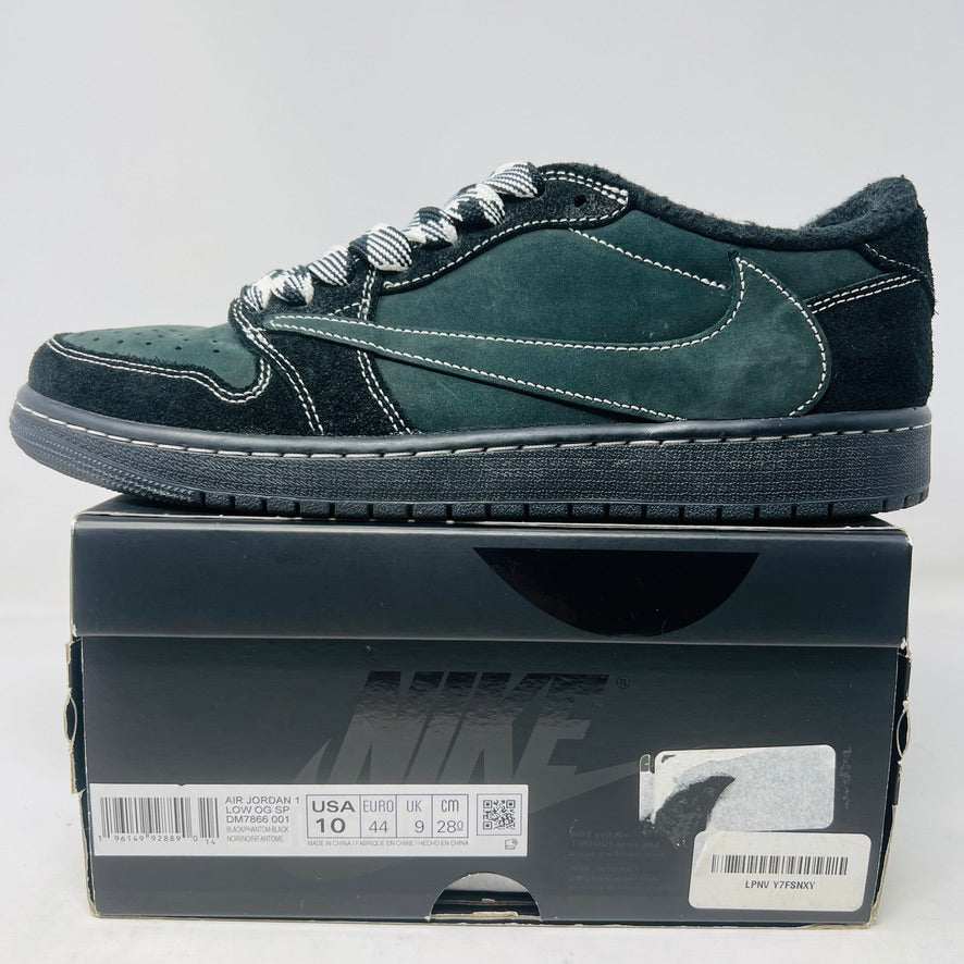 Jordan 1 Retro Low OG SP Travis Scott Black Phantom sneakers with box, 2022 edition, accessories included.