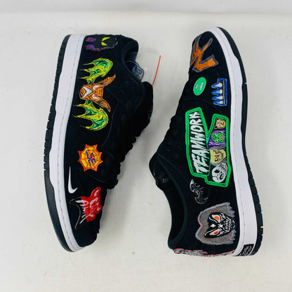 Authentic Nike SB Dunk Low Neckface sneakers, showcasing colorful animal and abstract patches, come in a vibrant green, yellow, and blue Nike SB box on a plain background. All sales final.