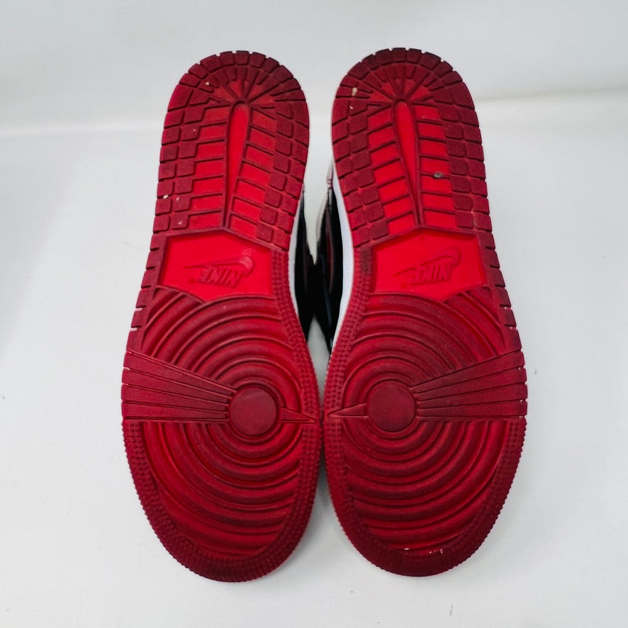 Jordan 1 Retro High OG Patent Bred sneakers with red laces and original box.