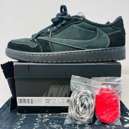 Jordan 1 Retro Low OG Travis Scott Black Phantom sneaker with extra laces and bandanna on Nike box